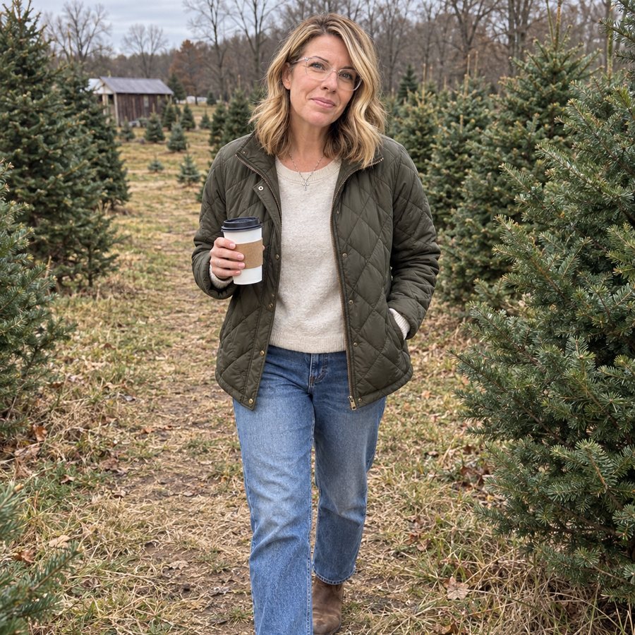Walking through the Christmas tree farm with a coffee