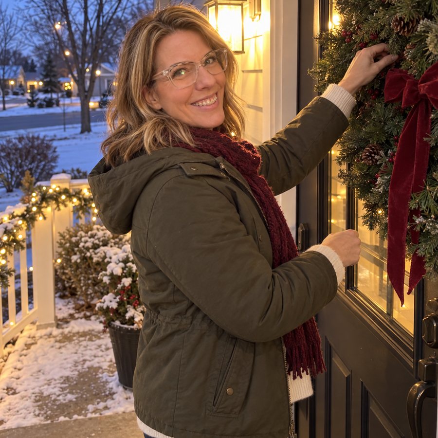 Hanging the wreath on a snowy evening