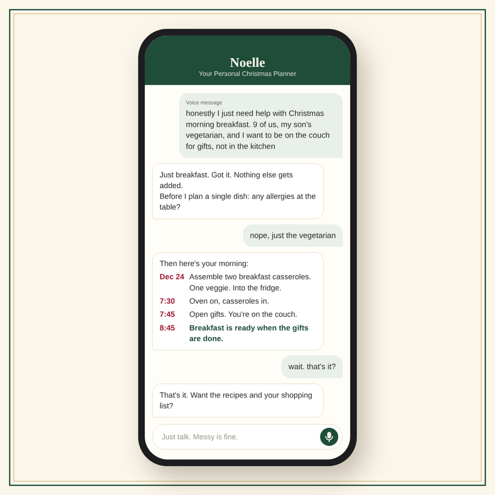 A chat with Noelle planning Christmas breakfast on a phone